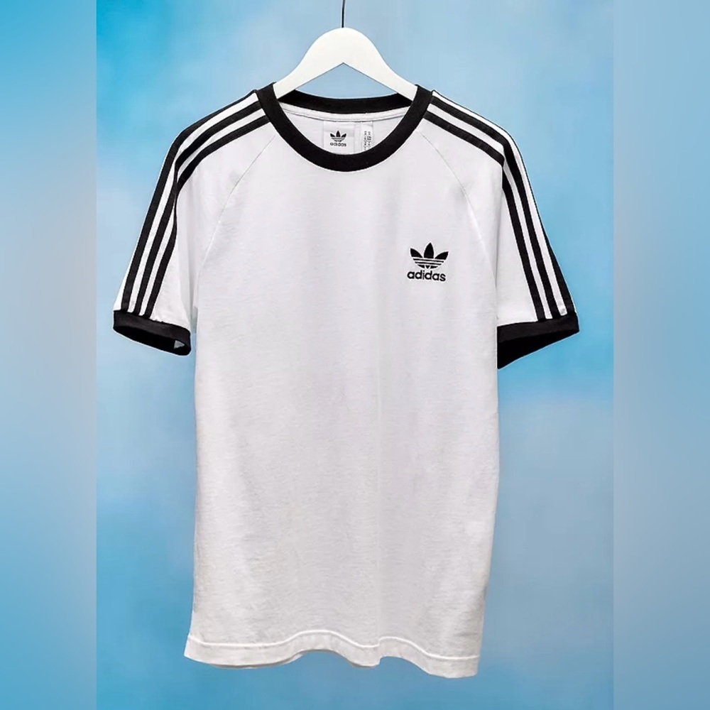Adidas Men's White and Black Striped T-Shirt